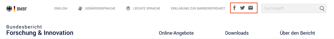 Abbildung der Start-Seite mit drei Logos: Facebook, Twitter und Mail
